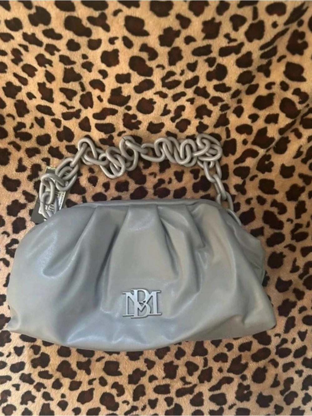 Gray Leather Chain-Handle Women’s Clutch - Logo